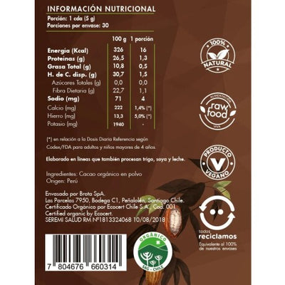 Tabla Nutricional Brota Té Matcha Detox orgánico 100 gr