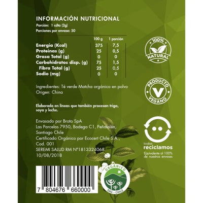 Tabla Nutricional Brota Cacao en polvo orgánico 150 g